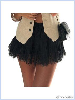 Lace Slip Skirt Ruffle Pleated Layered Flowy Skort with Built in Shorts